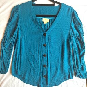 Maeve by Anthropologie Teal Textured Button Cardigan Ruched Puff Sleeve Womens 4